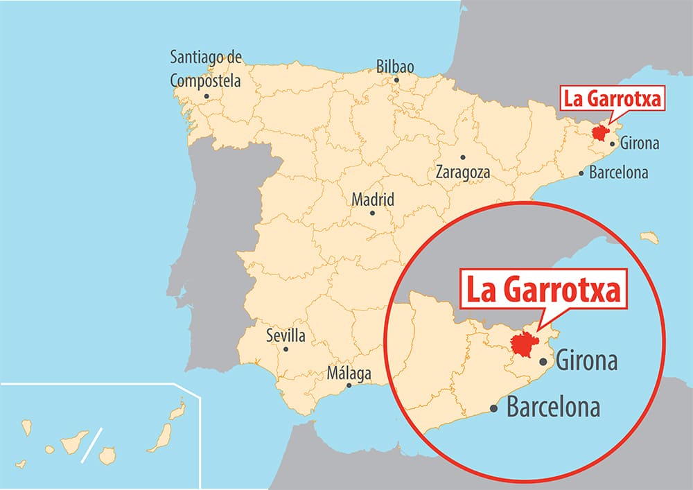 The region of La Garrotxa, located between the Pyrenees and the Costa Brava