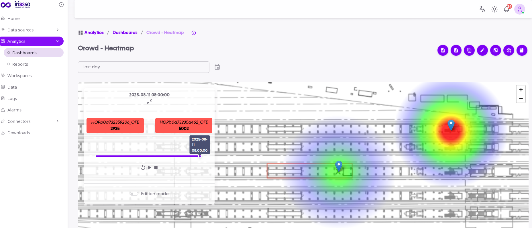 El panel de control iris360 muestra un mapa térmico del flujo de pasajeros en el transporte público.